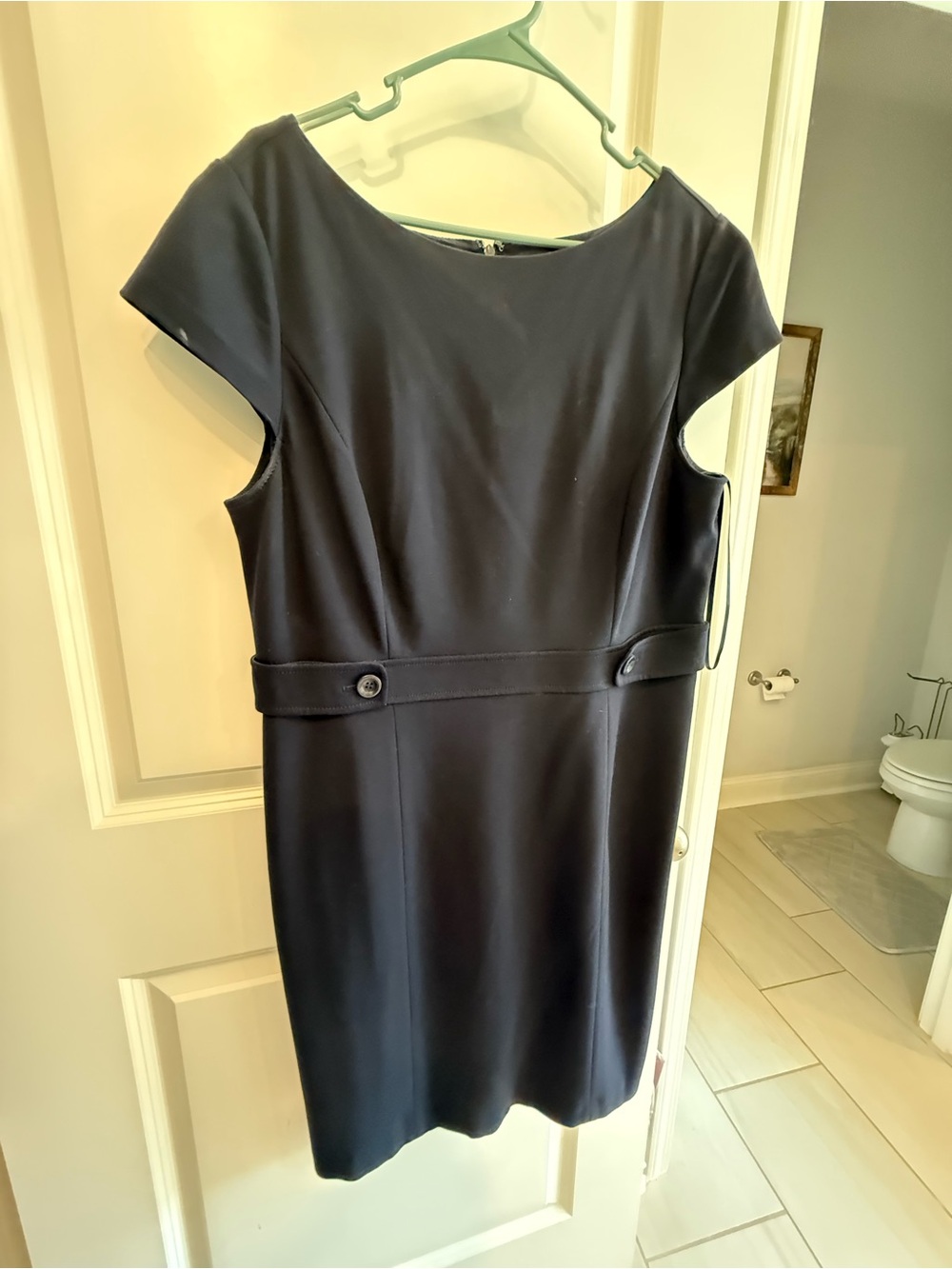 Talbots Navy Midi Sheath Dress with Waist Button Detail